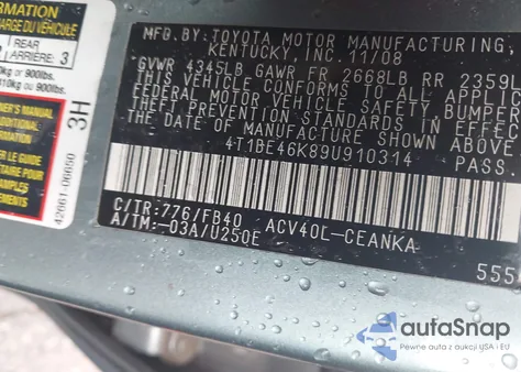 2009 Toyota Camry Le z USA, uszkodzony, nr VIN 4T1BE46K89U910314